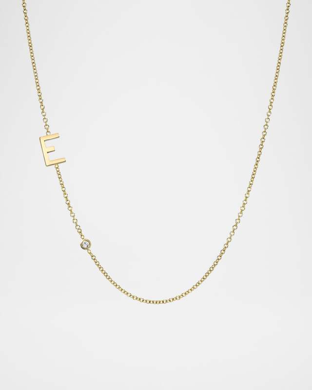 14k Gold Asymmetrical Initial and Bezel Diamond Necklace